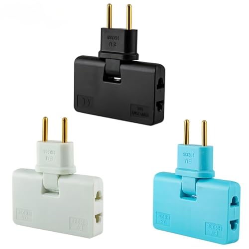 Set of three 3-in-1 plug converters in black, white, and blue for versatile charging options