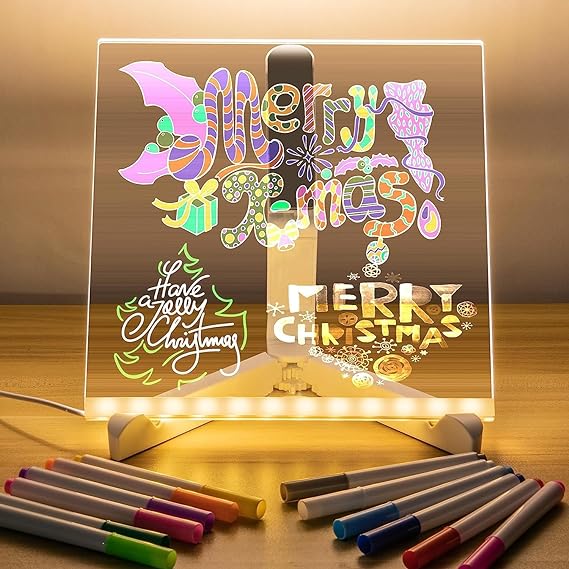 3D LED Message Board with colorful Christmas designs and markers for customizable messages
