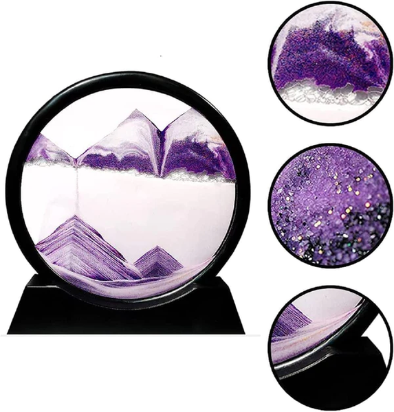 Elegant 3D sand art picture featuring purple mountains and glittering sand layers for home decor
