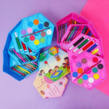 Colorful 46 piece art set for kids featuring paints, markers, and crayons arranged in bright containers