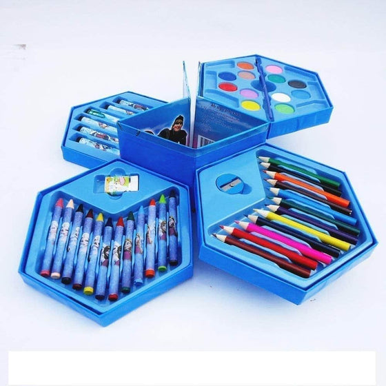 Colorful 46 piece art set for kids featuring crayons, markers, and watercolor paints