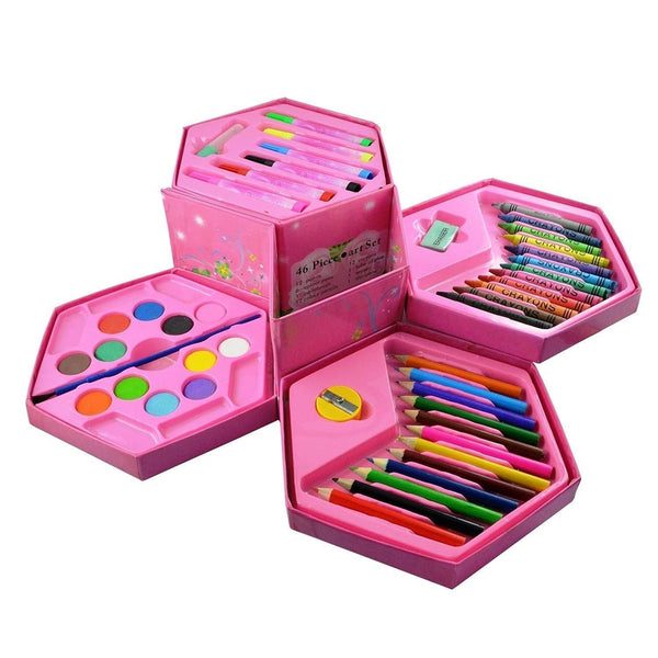 Colorful 46 piece art set for kids in a pink hexagonal case with crayons, paints, and accessories