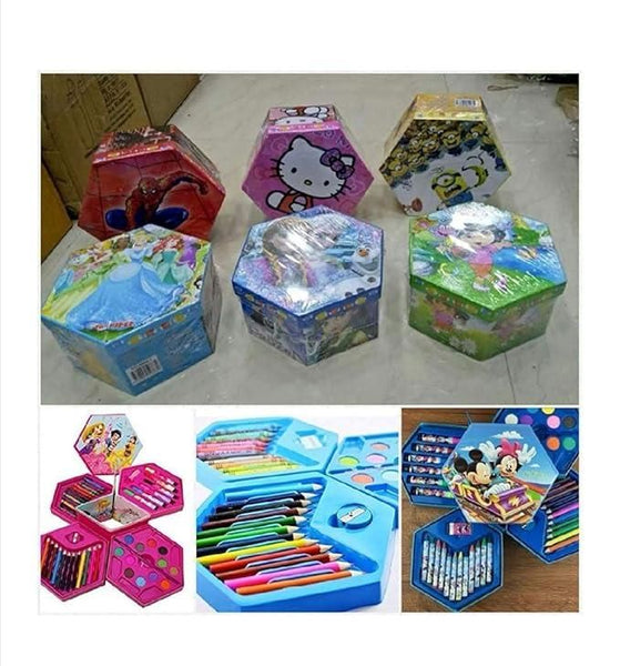 Colorful 46 piece art set for kids with various supplies in hexagon-shaped boxes for creative activities