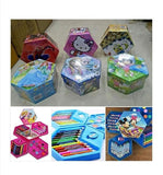 Colorful 46 piece art set for kids with various supplies in hexagon-shaped boxes for creative activities