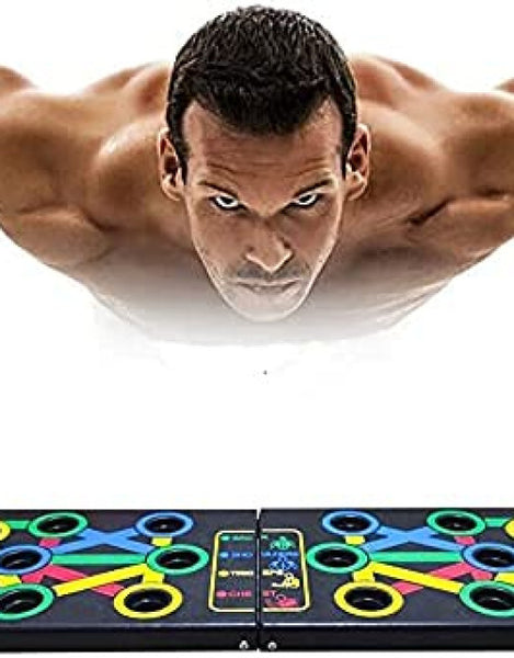 Man performing push ups using a 9 in 1 push up board with color-coded grip positions for varied workouts