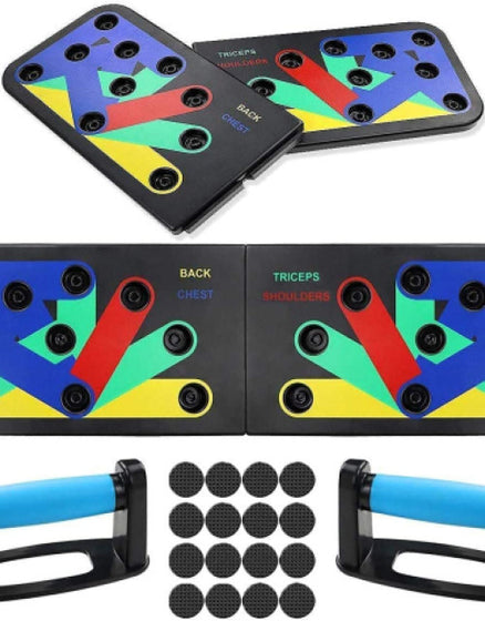 Dropdash 9 in 1 push up board with color-coded areas for chest, back, triceps, and shoulders