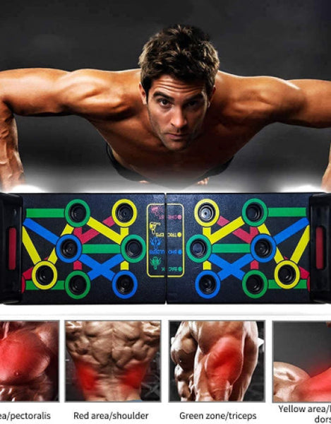 9 in 1 push up board with color-coded zones for targeting different muscle groups during workouts