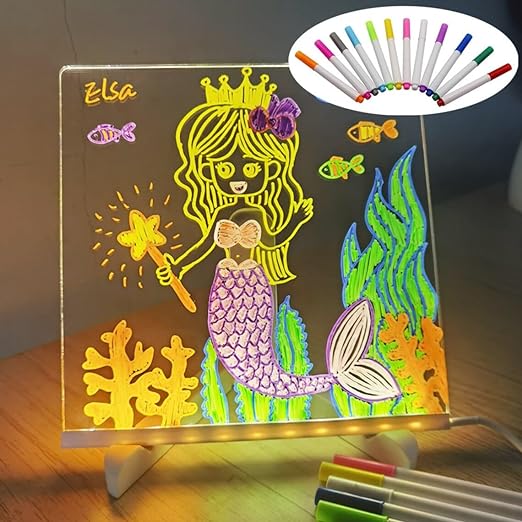 Colorful Acrylic LED writing board featuring a mermaid design with multiple markers for creative fun