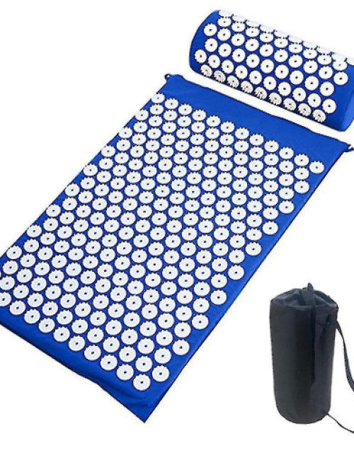 Dropdash acupressure mat and cushion set in blue for relaxation and pain relief, includes carry bag