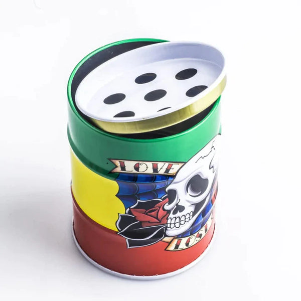 Colorful barrel drum ashtray with a skull design and multiple holes for easy ash disposal