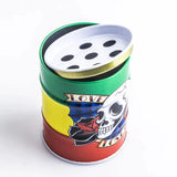 Colorful barrel drum ashtray with a skull design and multiple holes for easy ash disposal