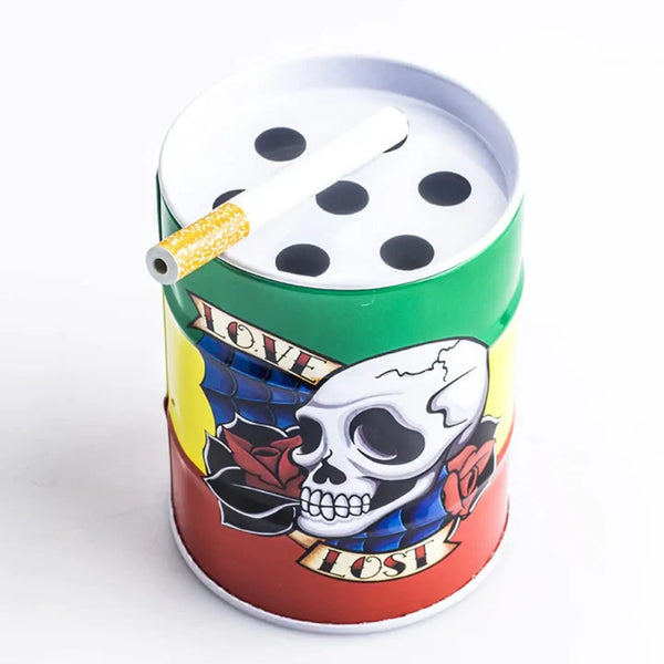 Colorful barrel drum ashtray with skull and rose design, featuring a cigarette holder
