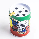 Colorful barrel drum ashtray with skull and rose design, featuring a cigarette holder