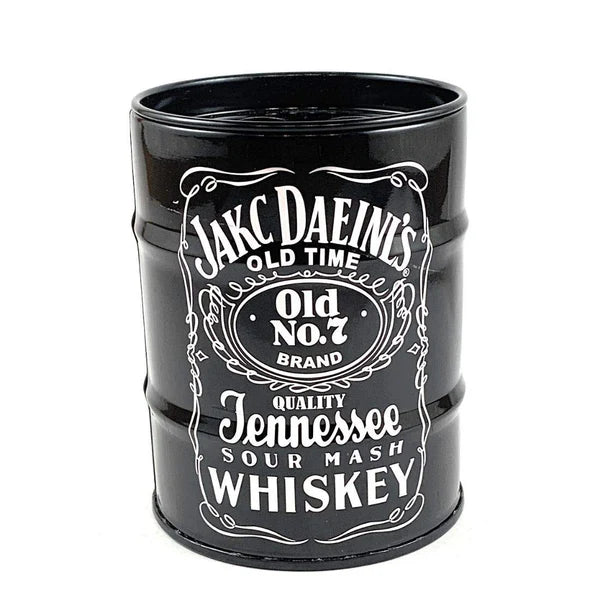 Black can ashtray with vintage whiskey branding, perfect for home or bar decor