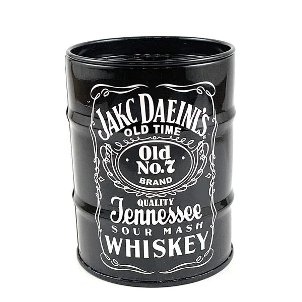Black can ashtray designed with whiskey branding for stylish smoking accessory
