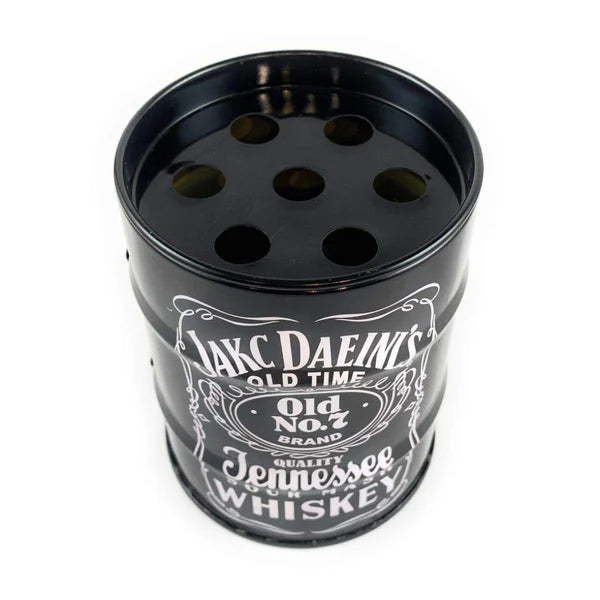 Black can ashtray designed like a whiskey barrel for stylish outdoor and indoor use