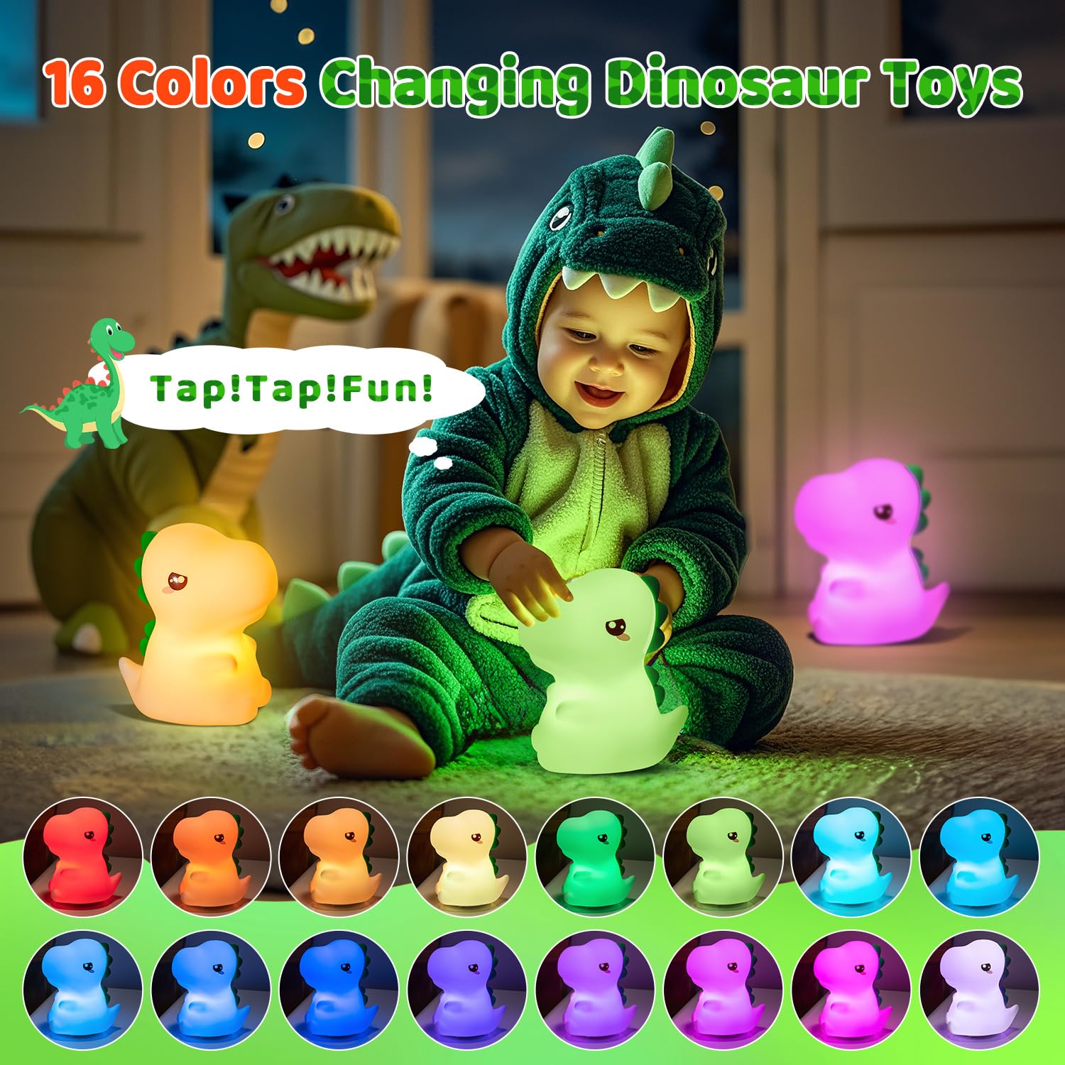 Colorful dinosaur night light for kids featuring 16 color changes and a smiling child in a dinosaur costume