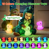 Colorful dinosaur night light for kids featuring 16 color changes and a smiling child in a dinosaur costume