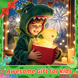 Kids in a dinosaur costume holding a dinosaur night light for kids with festive decorations