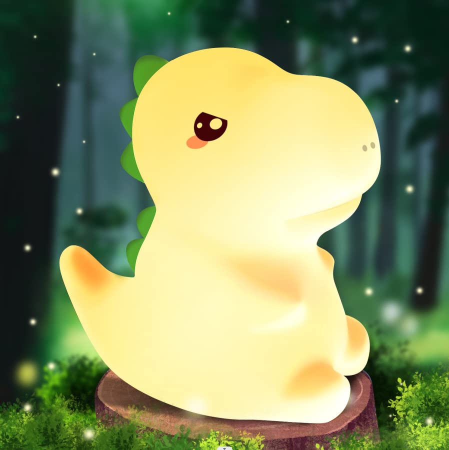 Kawaii dinosaur night light for kids in yellow with a cute expression and green spikes