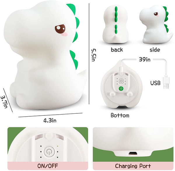 Cute dinosaur night light for kids in white with green accents and USB charging port