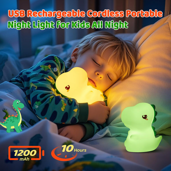 Cute dinosaur night light for kids, USB rechargeable, provides soft illumination for a peaceful sleep