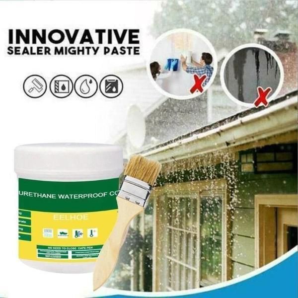 Innovative waterproof glue for bathrooms with brush and container shown sealing outdoor rain-exposed surfaces