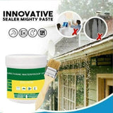 Innovative waterproof glue for bathrooms with brush and container shown sealing outdoor rain-exposed surfaces