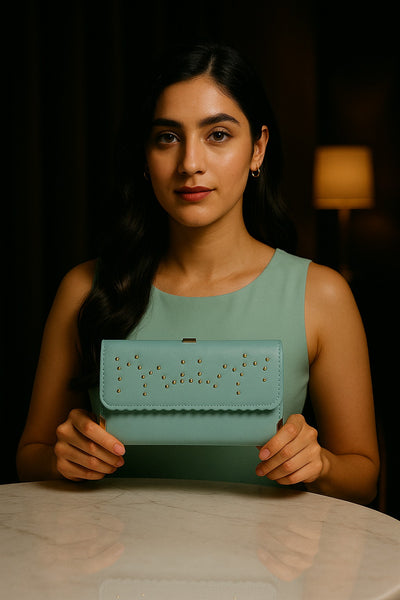 Elegant pink studded clutch displayed by a model in a stylish setting