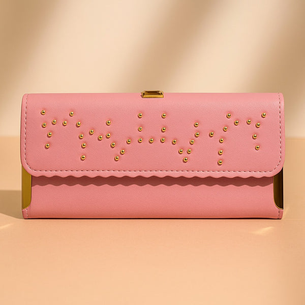 Elegant pink studded clutch with gold accents and stylish design for evening outings