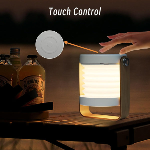Foldable LED table lamp with touch control, ideal for outdoor use and portable lighting