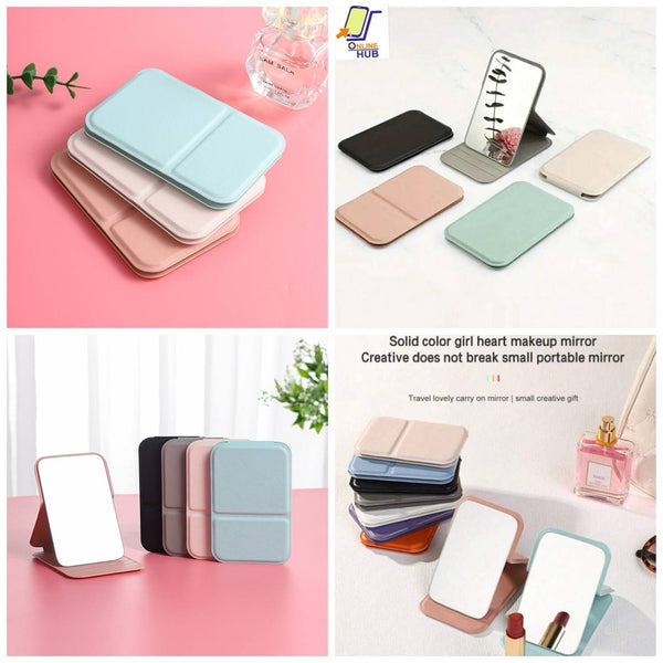 Foldable makeup mirror set in various colors, portable and stylish for on-the-go beauty needs