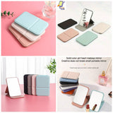 Foldable makeup mirror set in various colors, portable and stylish for on-the-go beauty needs