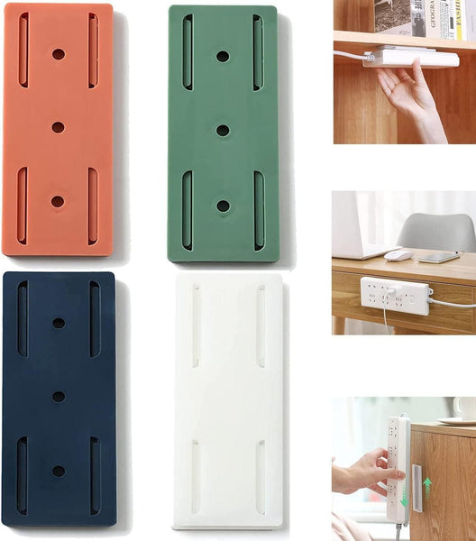 Colorful self adhesive power strip holder in multiple colors with examples of mounted use on walls and furniture