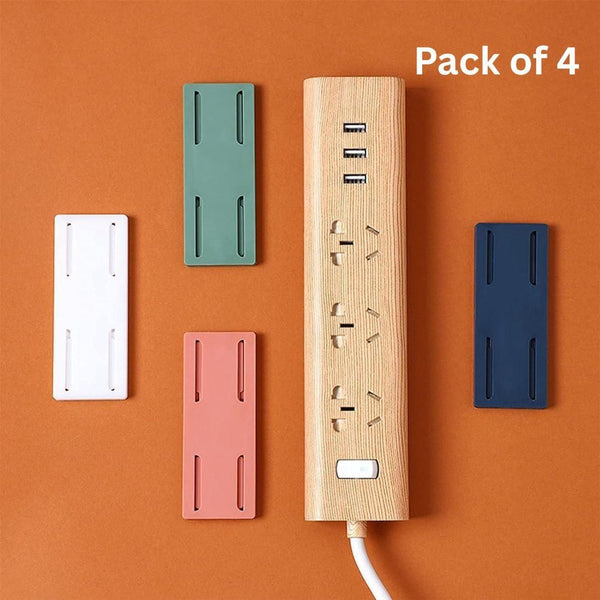 Pack of 4 colorful self adhesive power strip holders organizing power strip on orange background