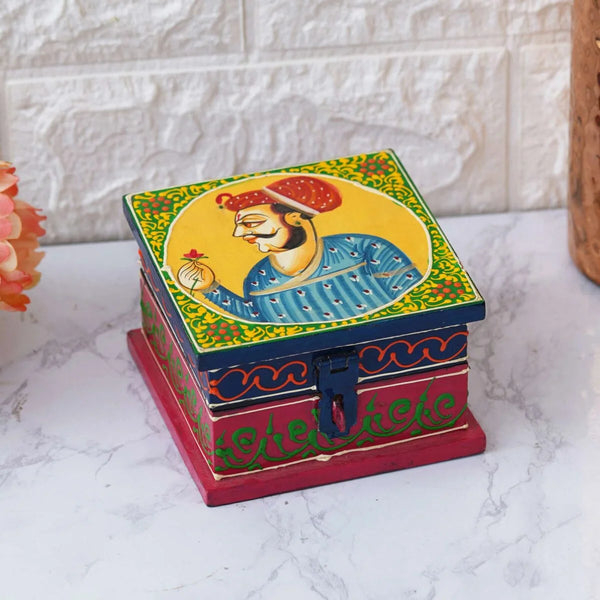 Handcrafted wooden jewellery box with vibrant traditional painting and intricate design
