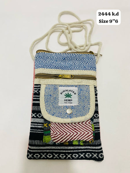 Himalayan hemp crossbody bag with colorful patterns and adjustable strap, perfect for accessories