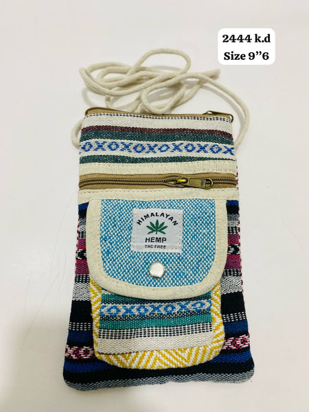Himalayan hemp crossbody bag with colorful patterns and a front pocket for easy access