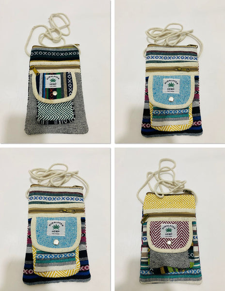 Variety of Himalayan hemp crossbody bags featuring colorful patterns and adjustable straps