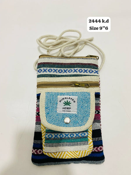 Himalayan hemp crossbody bag with colorful patterns and adjustable strap for everyday use