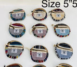 Assorted Himalayan hemp pouches in various patterns and colors, each measuring 5 inches by 5 inches