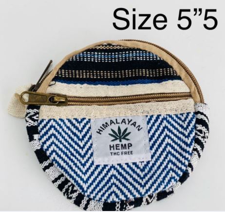 Himalayan hemp pouch in a round shape with colorful stripes and zip closure, size 5x5