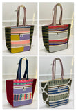 Colorful Himalayan hemp tote bag with multiple patterns and sturdy handles for versatile use