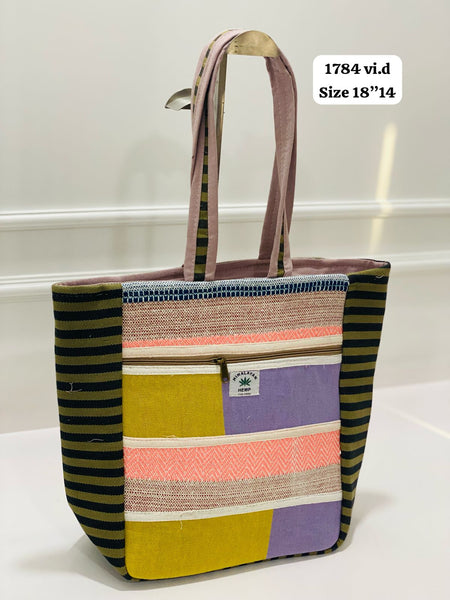 Himalayan hemp tote bag with colorful stripes and front zipper pocket for stylish daily use