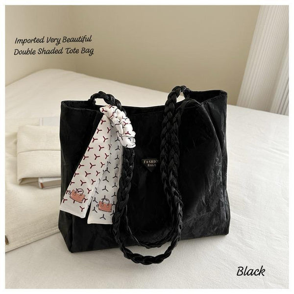 Imported double-shaded tote bag in black with decorative scarf detail for stylish everyday use
