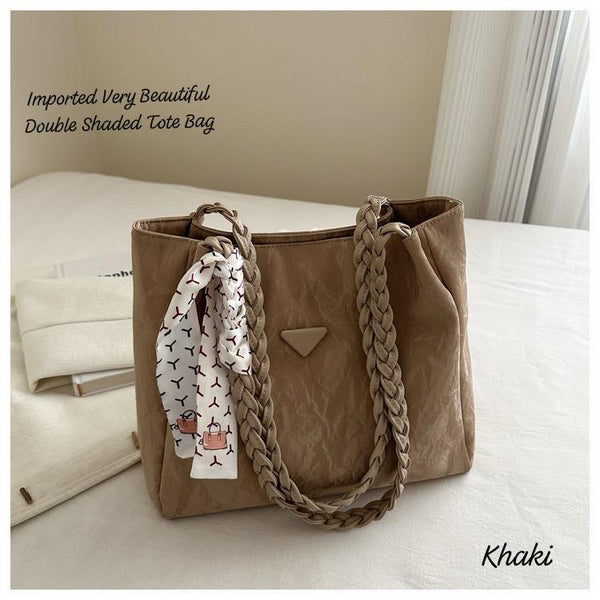 Imported double-shaded tote bag in khaki with braided handles and decorative scarf