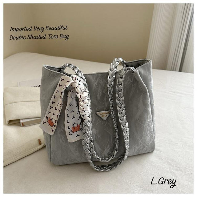 Imported double-shaded tote bag in light grey with stylish chain handles and a decorative scarf