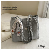 Imported double-shaded tote bag in light grey with stylish chain handles and a decorative scarf