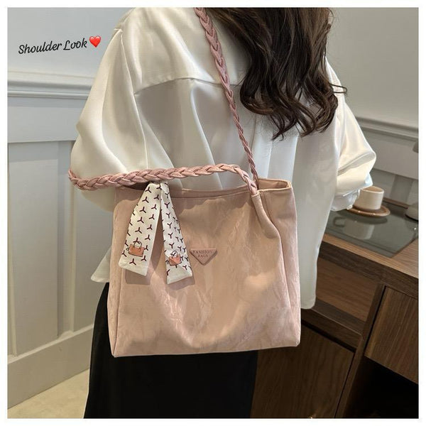 Imported double-shaded tote bag with braided strap and decorative scarf in a stylish shoulder look