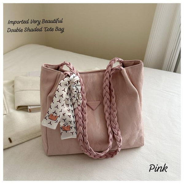 Imported double-shaded tote bag in pink with braided handles and decorative scarf